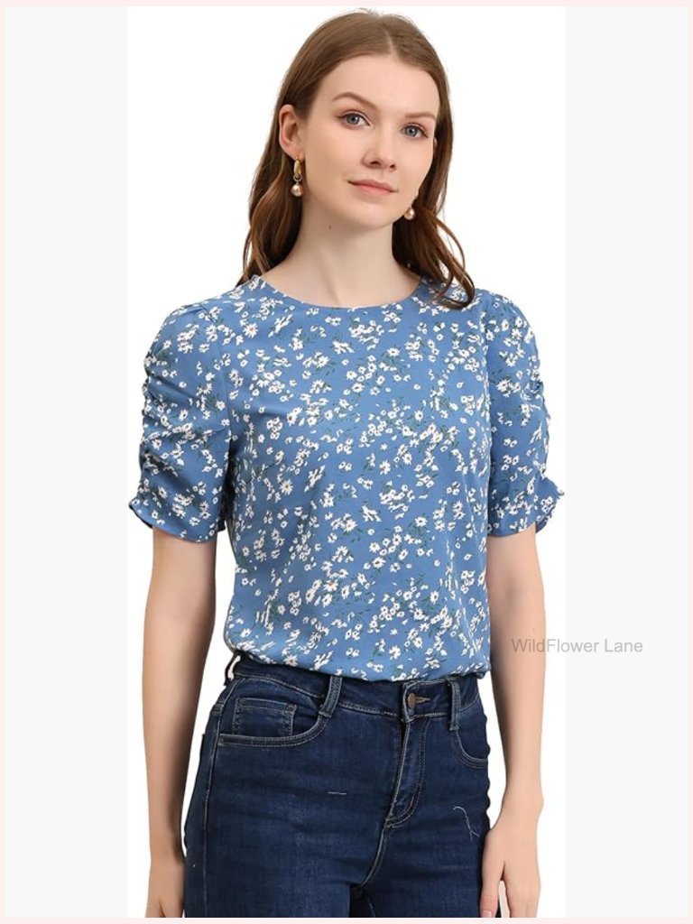 Floral Crew Neck Blouse With Shirred Sleeves, Casual